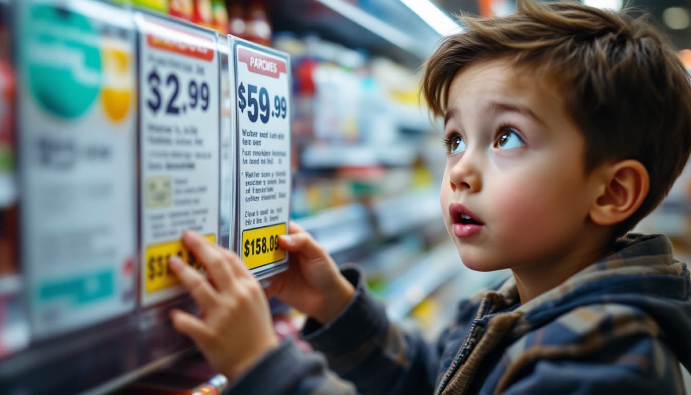 Parent and young child shopping together in supermarket produce aisle