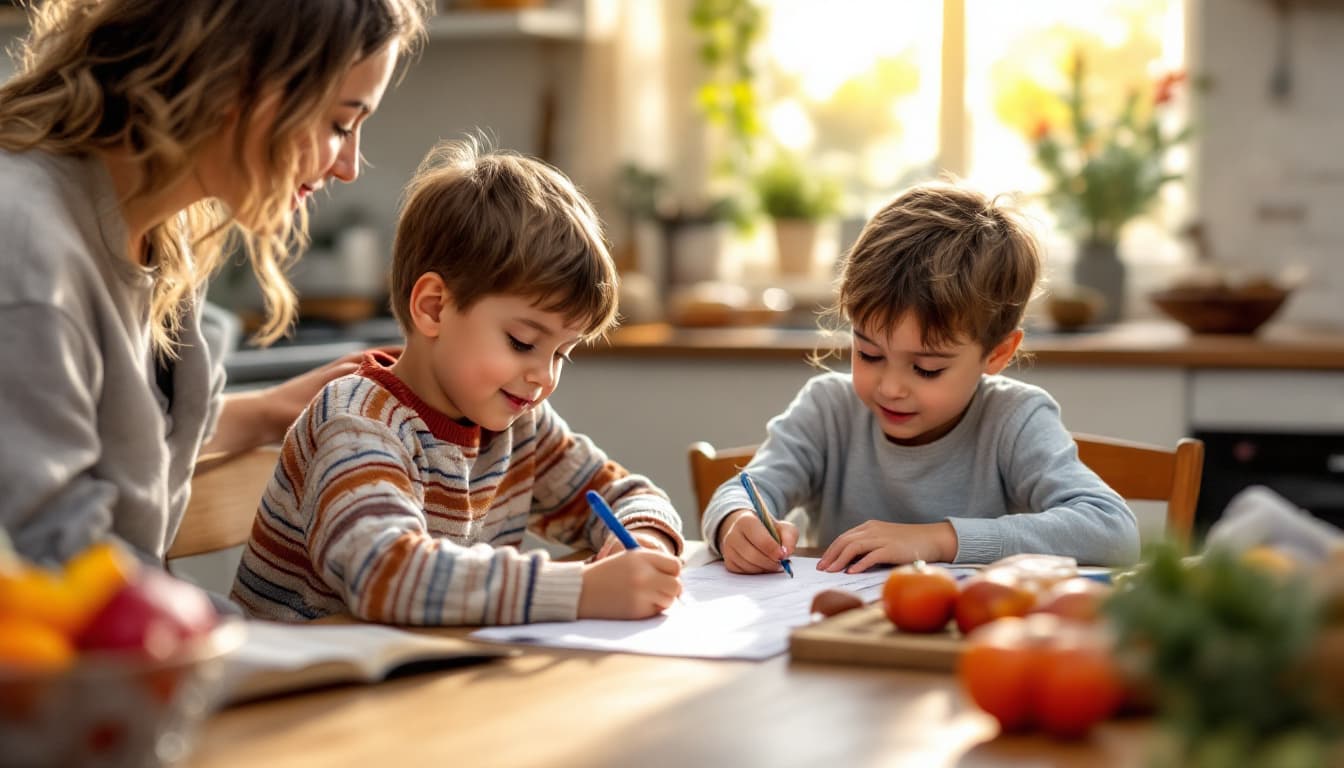 Child writing a shopping list at kitchen table with parent's help