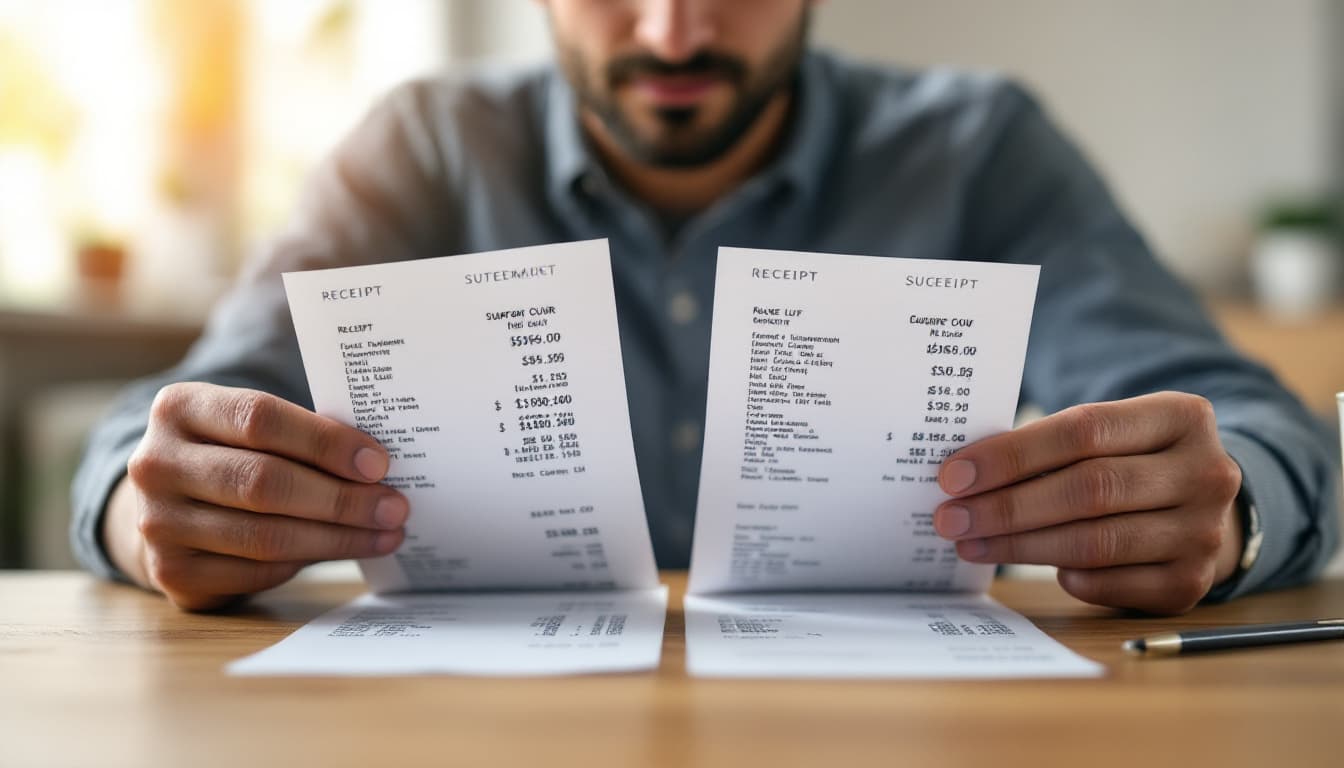 Person comparing two supermarket receipts side by side at home