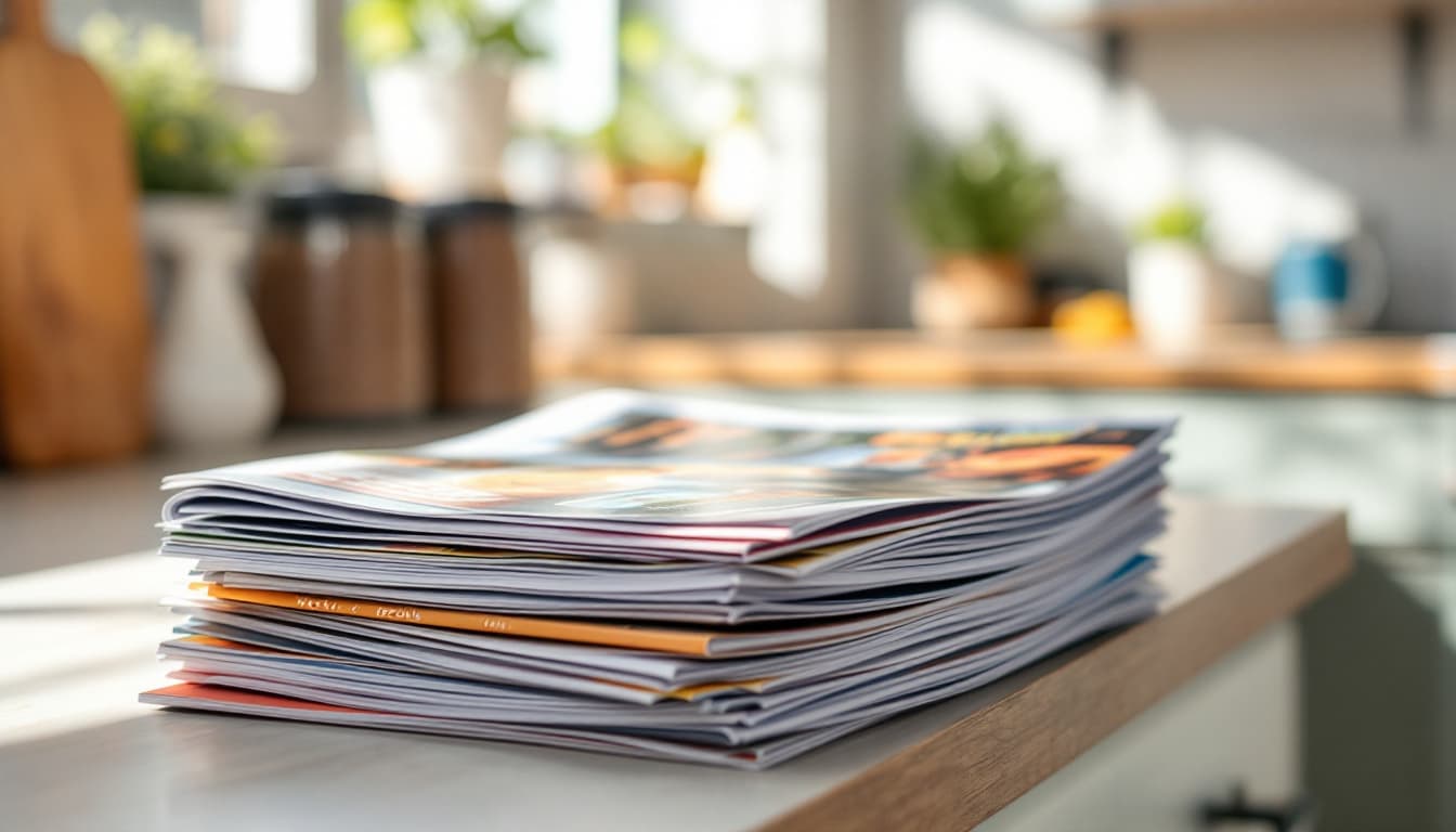 Stack of supermarket catalogues and weekly specials leaflets