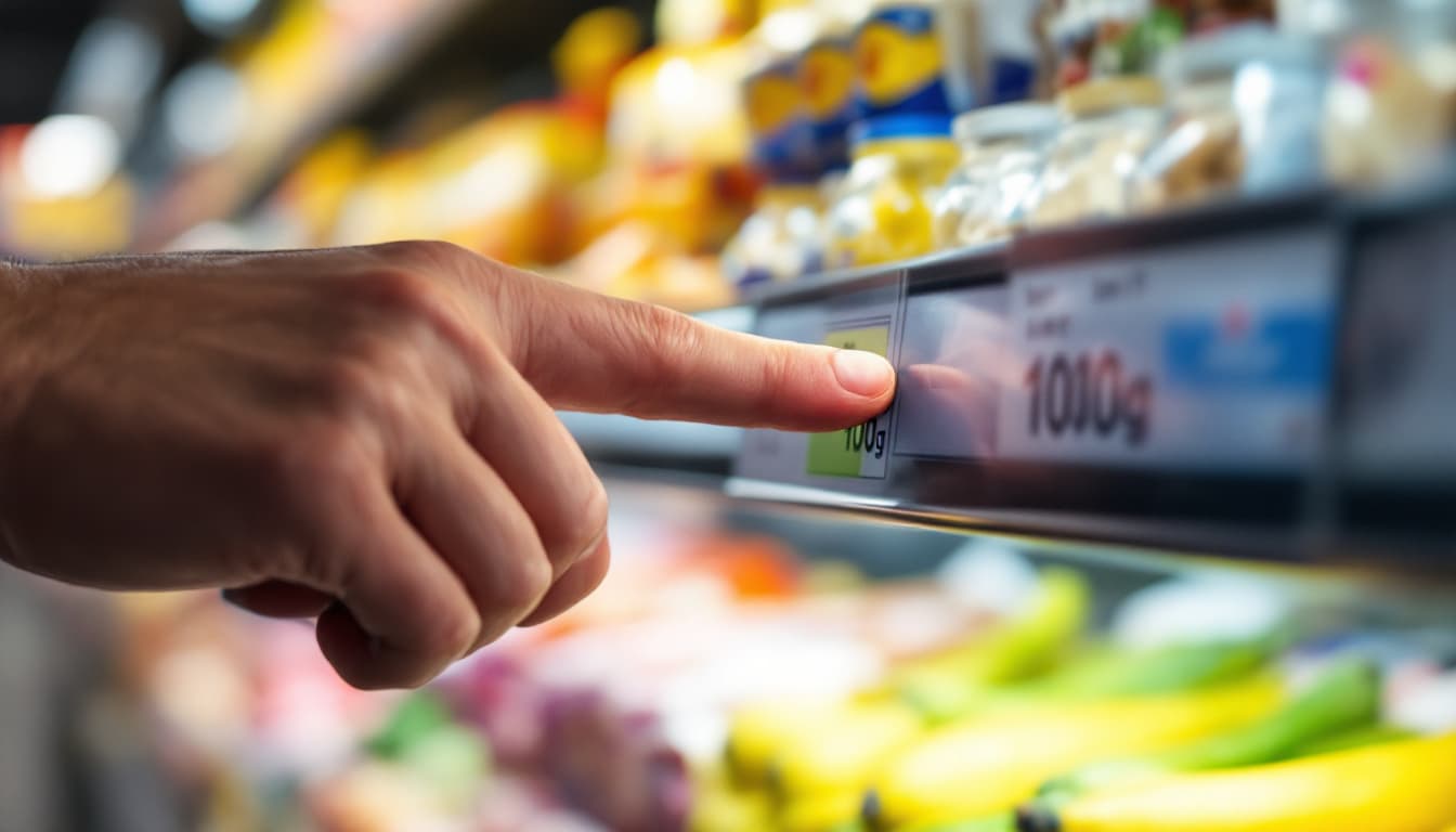 Person carefully reading unit price labels on supermarket shelf