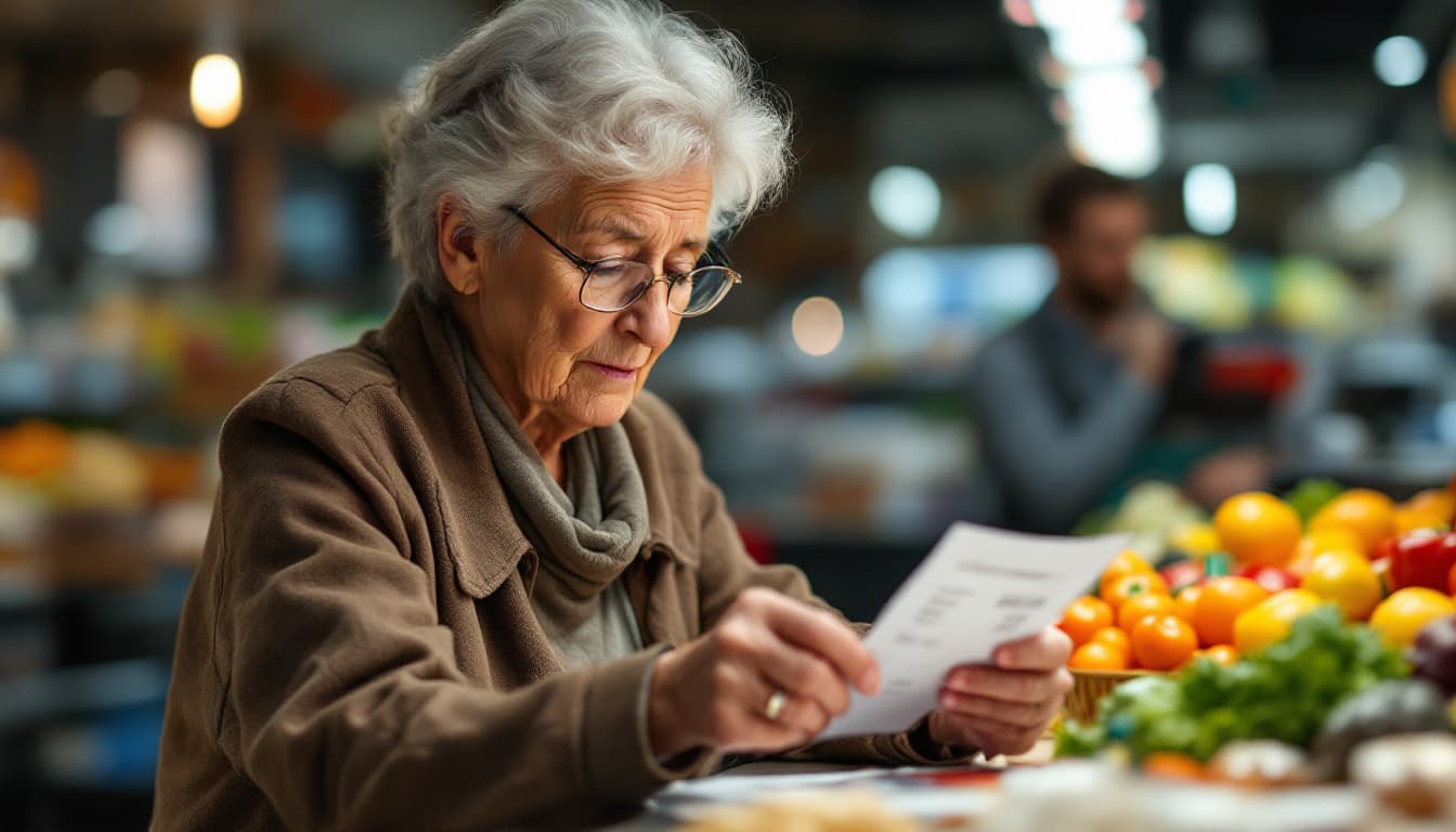 Elderly Australian reviewing her supermarket receipt