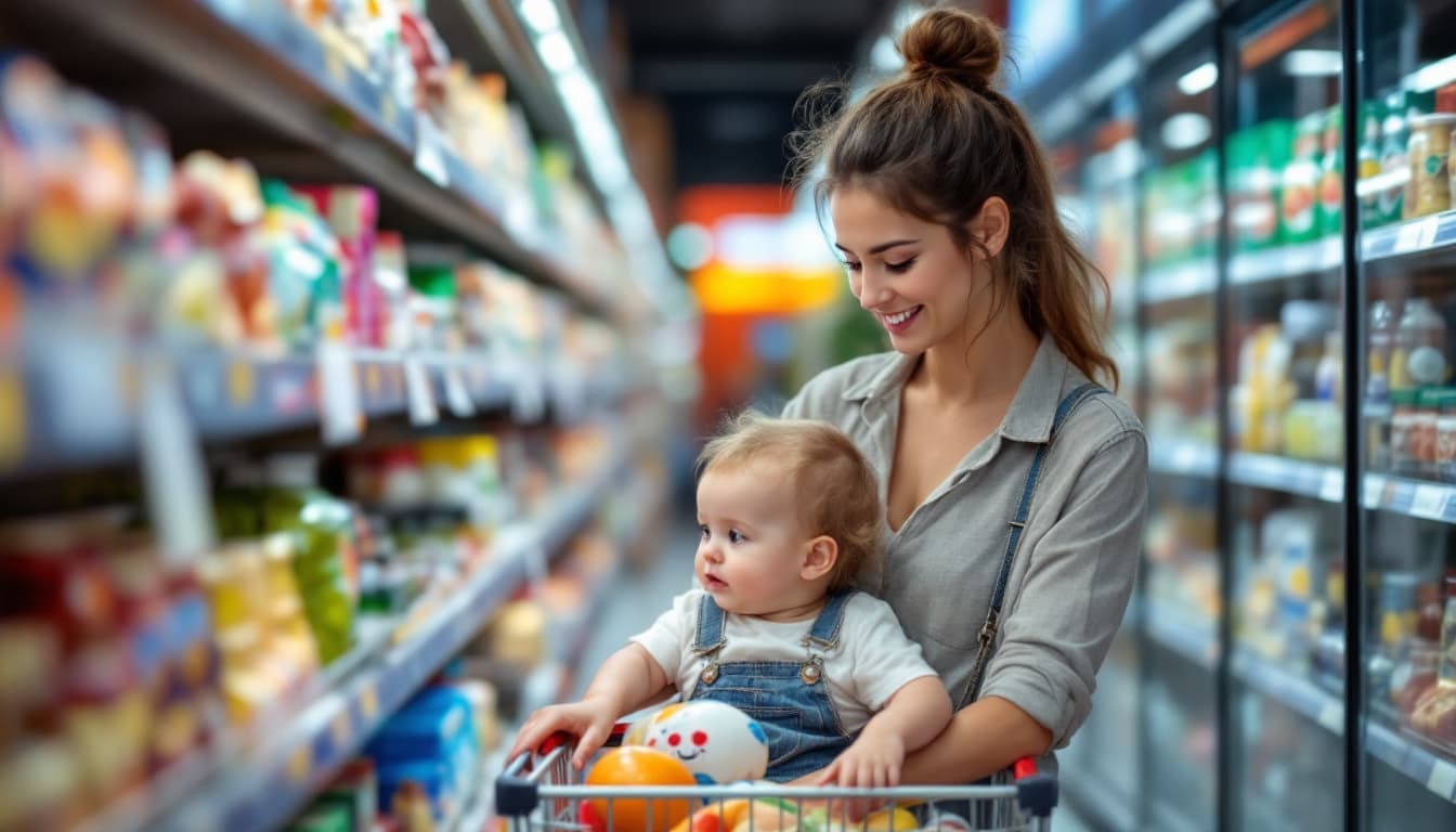 Single mother grocery shopping with her child