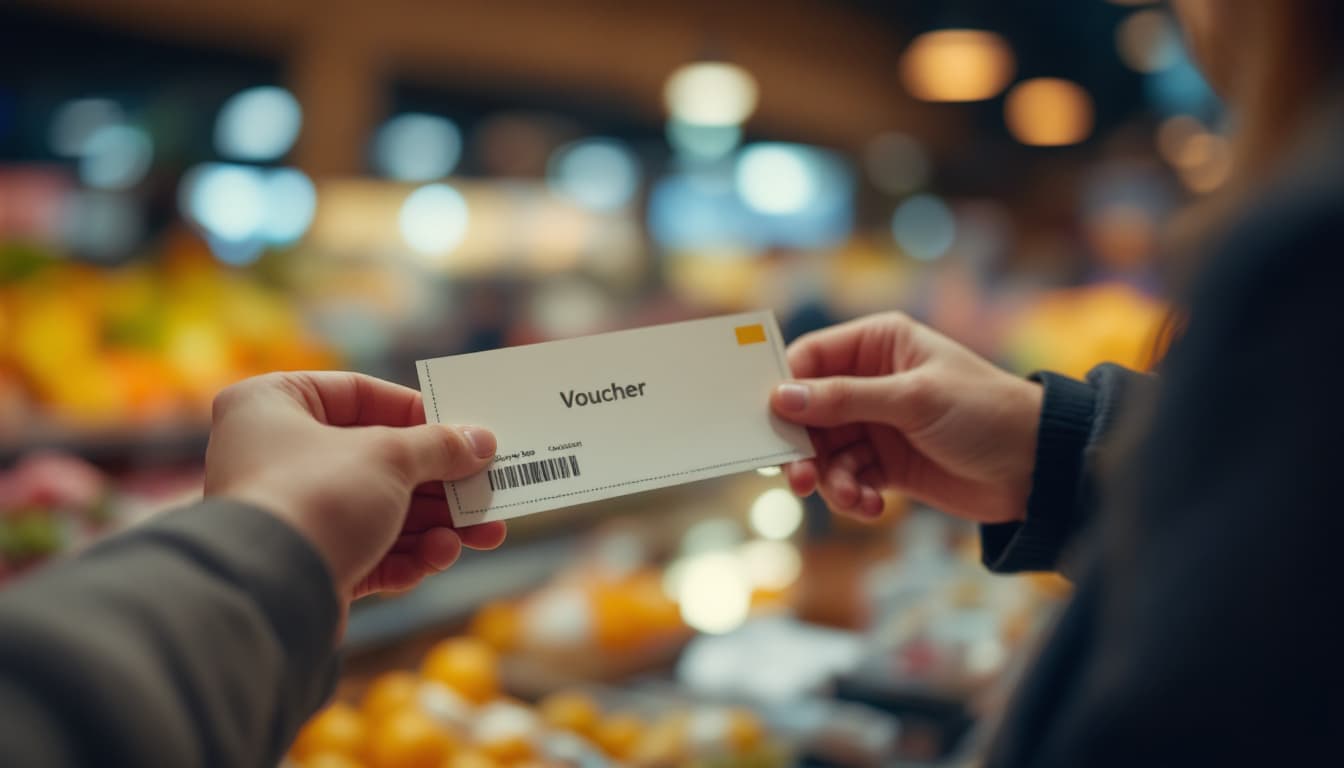 Person using rewards voucher at supermarket self-checkout