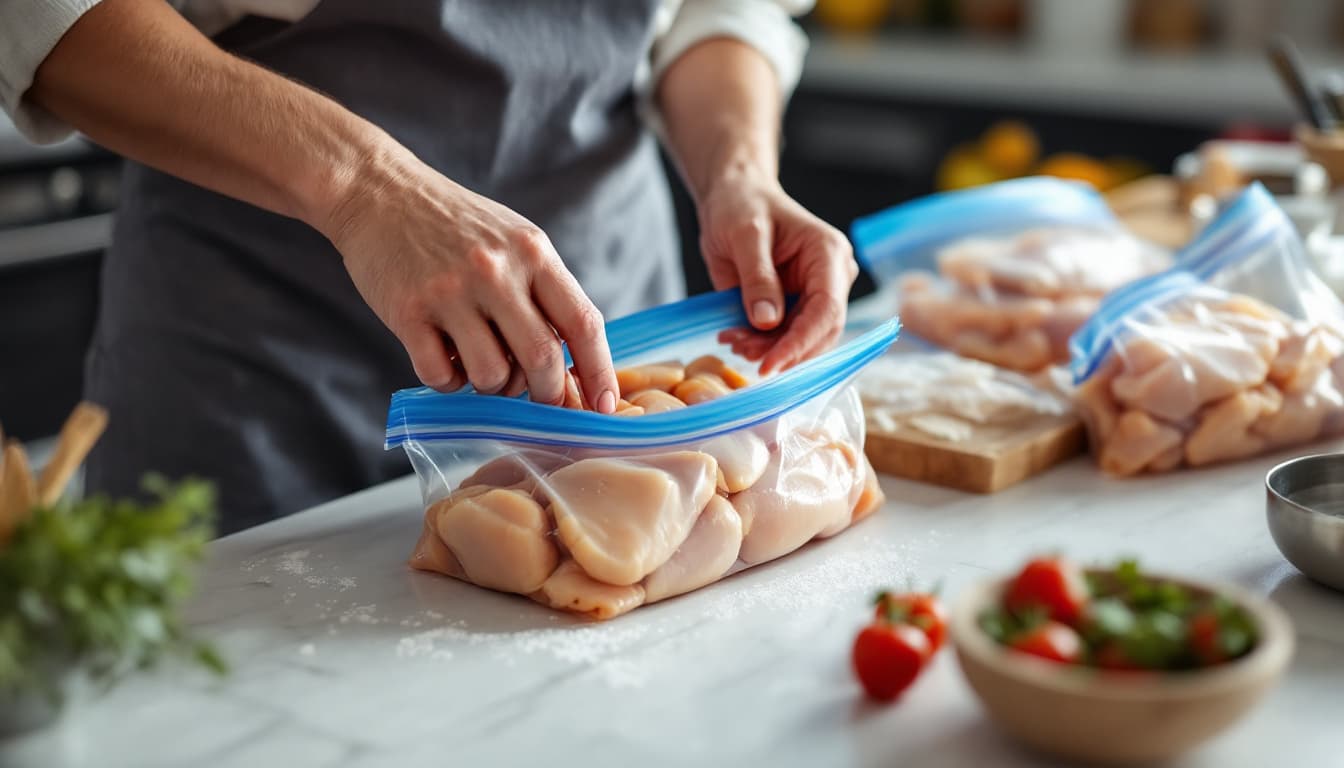 Bulk meat portions being divided and labelled in freezer bags