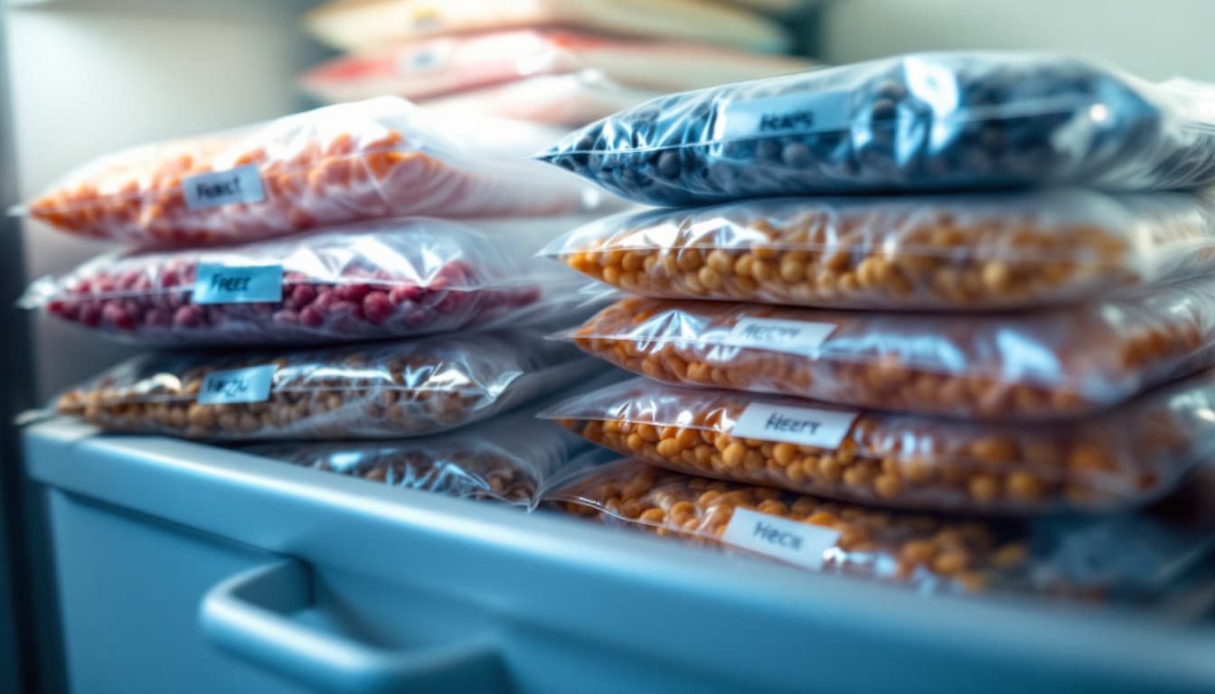 Open well-organised chest freezer with clearly labelled food portions