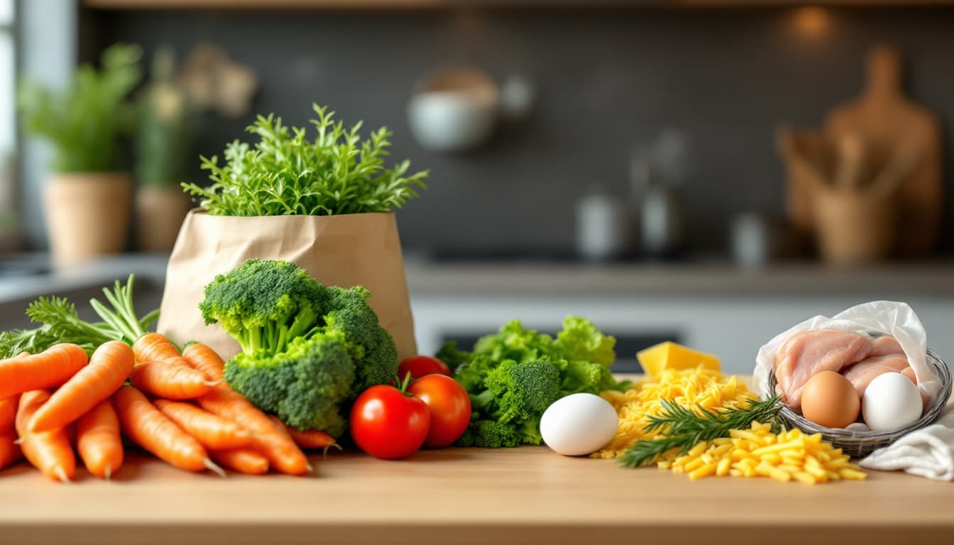 Weekly grocery haul of fresh GST-free ingredients laid out on a kitchen bench