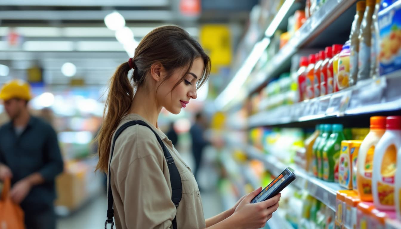Shopper comparing prices in the ALDI supermarket produce section