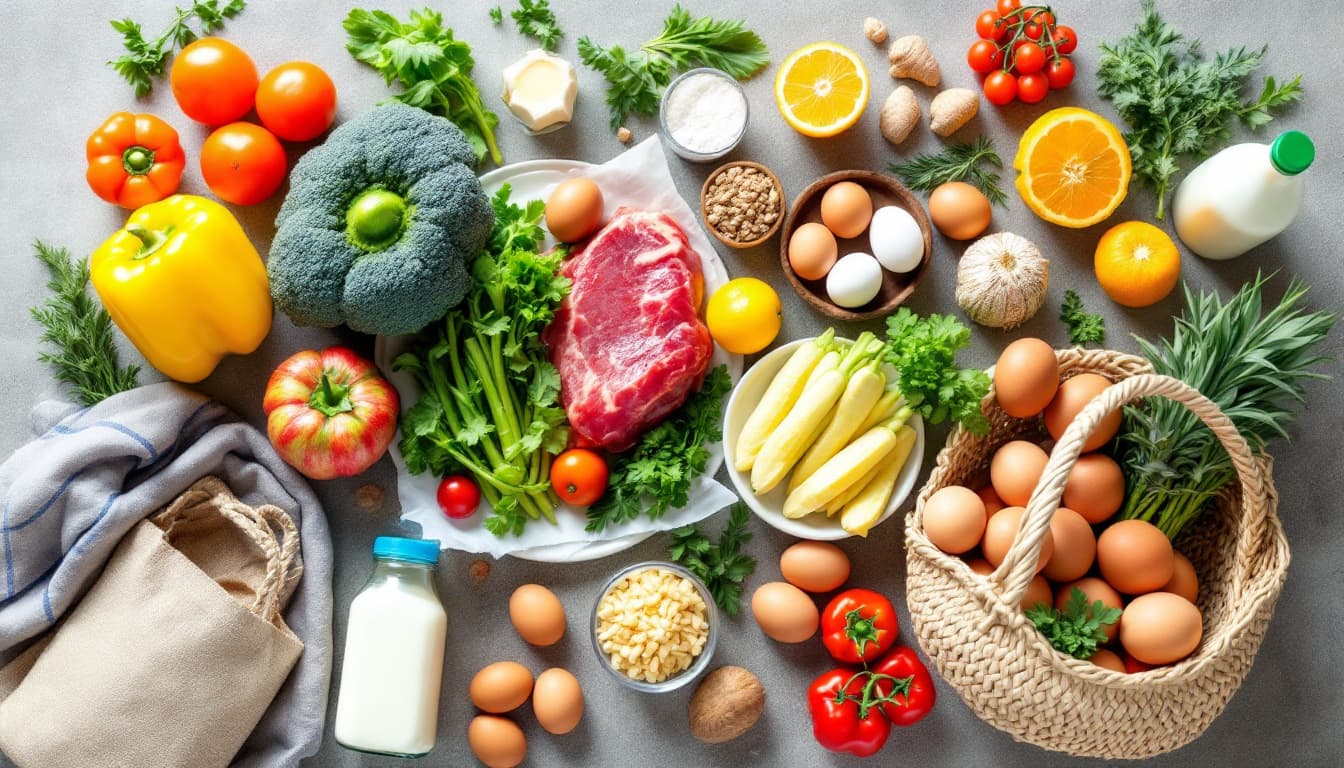 A family-sized grocery basket of fresh and pantry items on a kitchen bench